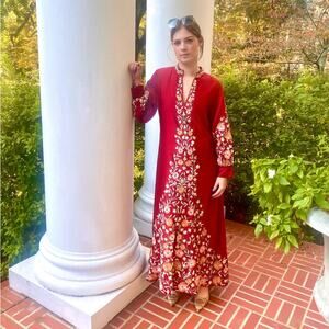 Sue Sartor Silk Moroccan Band Collar Kaftan / Maxi Dress in Cinnabar Red,  Sz L